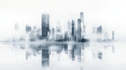 Fototapeta premium Misty city skyline reflected on water. Possible use Stock photo
