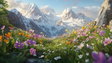 Fototapeta premium Vibrant wildflowers bloom in a mountain meadow at sunrise.