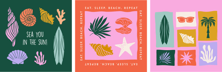 Summer backgrounds, cards, banner templates. Hand drawn modern illustrations, doodles, printable posters