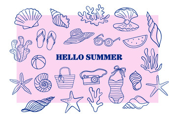 Hand drawn sea, ocean, sun, seashell and palm design illustrations, icons, pattern, minimalist abstract design