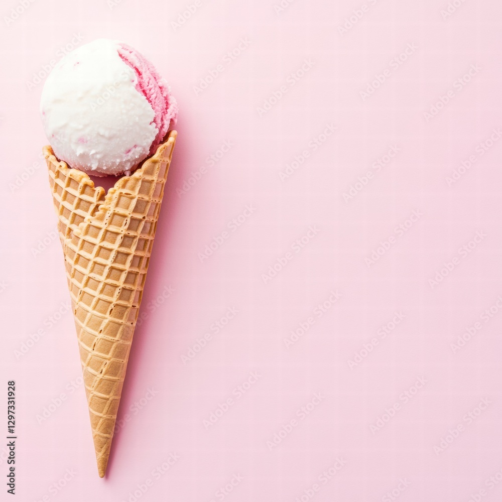 Poster delicious ice cream cone with pink and white swirl on soft pink background enjoying summer treats. g