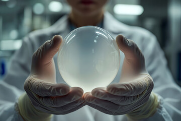 A scientist in a lab coat holds a translucent sphere with gloved hands. Concept of science and discovery. For scientific presentation