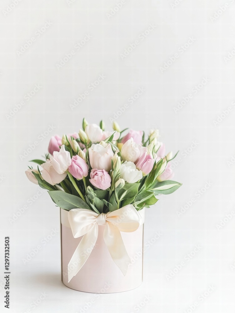 Aufkleber beautiful bouquet of fresh pink and white tulips in a round box with ribbon displayed on a neutral b