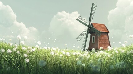 Idyllic windmill in a field of white flowers.