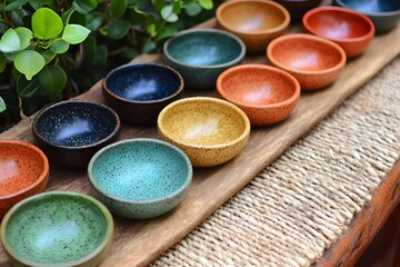 Small speckled ceramic bowls arranged on a wooden tray in an outdoor setting with lush green plants

