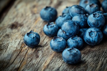 Fresh blueberries on rustic wood surface creating natural beauty and texture