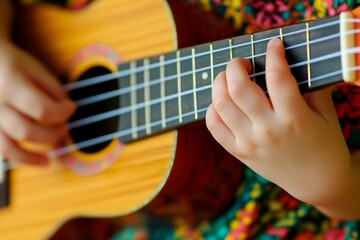 Obraz premium Child playing ukulele with colorful background and focused hand details