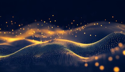 Abstract digital wave of golden particles on dark background
