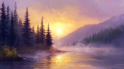 Fototapeta premium Serene sunset over misty river and pine trees.