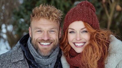 Fototapeta premium Happy smiling couple wearing warm hats and scarves stands together in a snowy winter park.