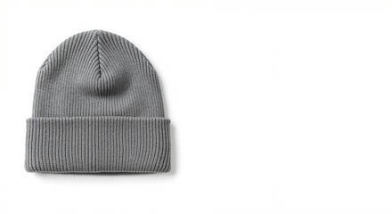 Gray knitted beanie with a rolled cuff on a minimalistic white background conveying a modern and stylish aesthetic