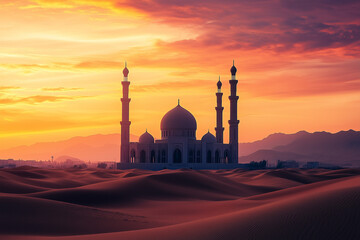 An Islamic mosque with minarets rising from a golden desert, silhouetted against a fiery sunset sky, soft dunes in the foreground, warm atmospheric tones, sense of solitude and devotion