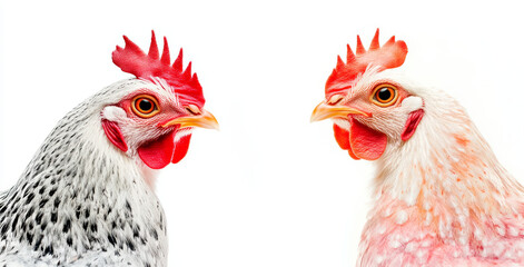 Fototapeta premium chickens facing each other with detailed feathers, red combs, and wattles, ideal for farm themes, organic food marketing, and rural lifestyle photography