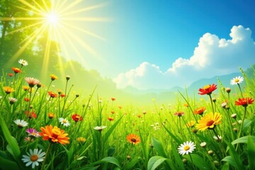 Fototapeta premium Sun-drenched meadow, vibrant green grass, wildflowers , idyllic, botany