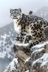 Obraz premium Majestic Snow Leopard: A Glimpse into the Wild Amidst Sub-Zero Temperatures