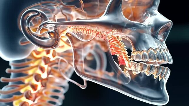 Detailed visualization of the human skull and spinal structure in a scientific study