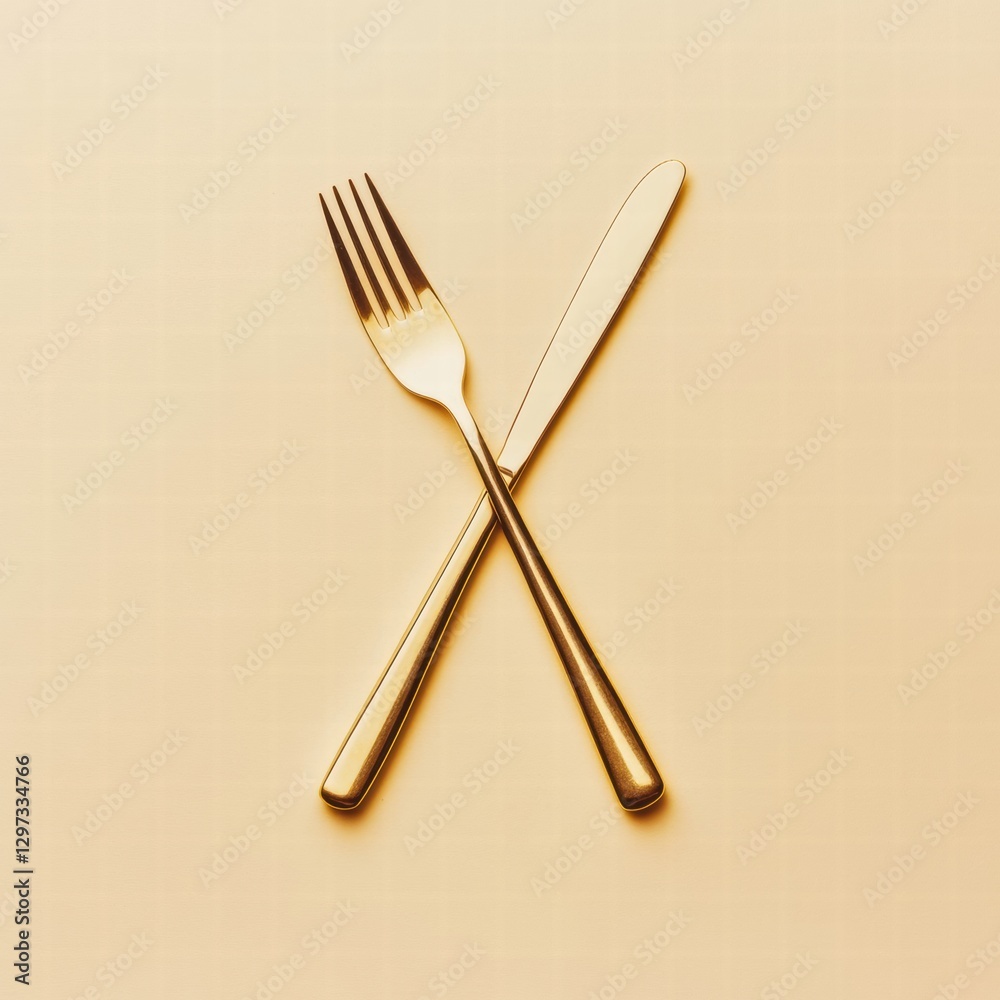 Leinwandbilder fork and knife crossed over a beige background symbolizing dining and culinary experiences. generati