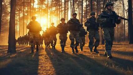 Military Soldiers in Full Gear Walking Through Forest at Sunset with Warm Golden Light and Long Shadows Army Unit on Patrol Wearing Camouflage Uniforms and Carrying Rifles in a Natural Setting with