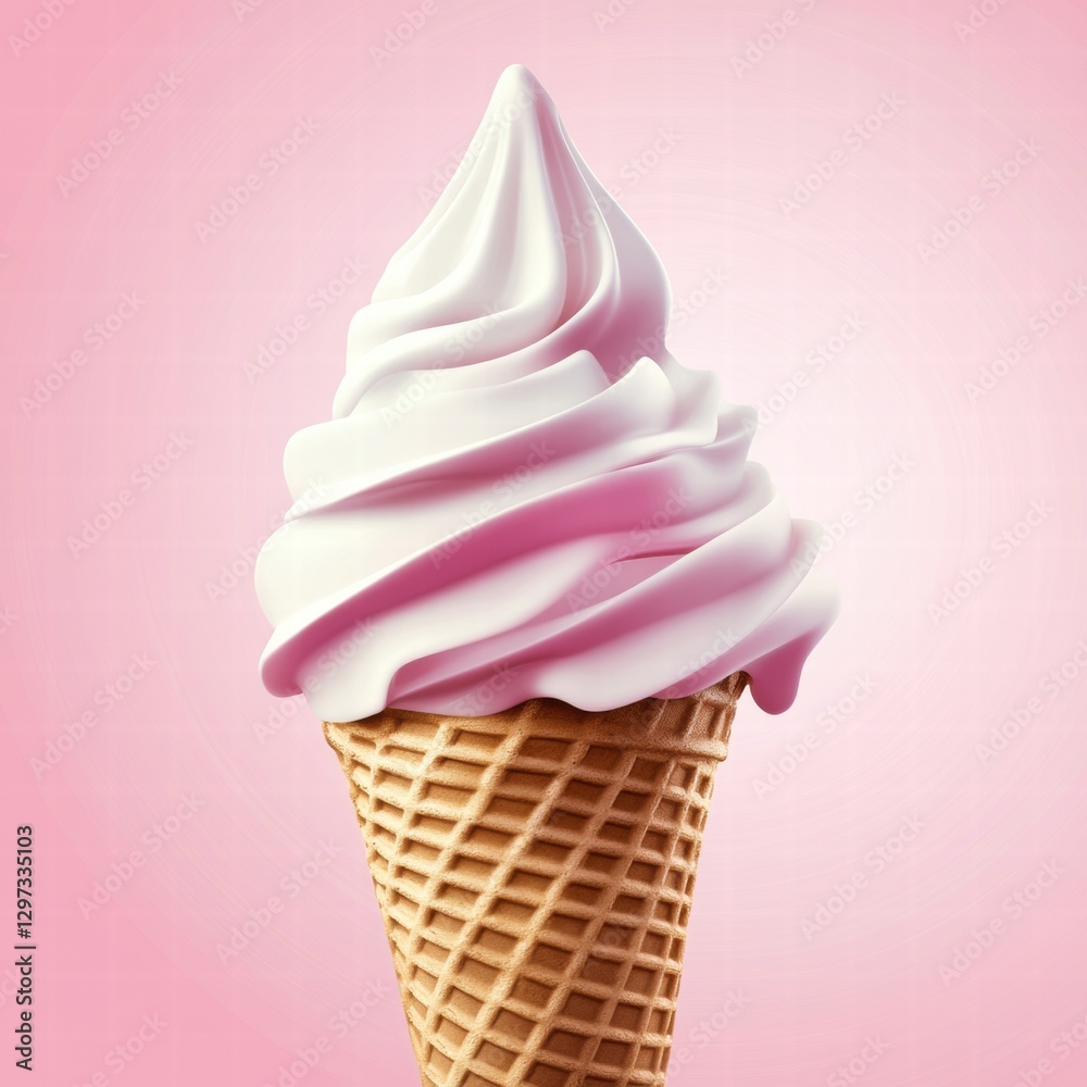 Poster delicious soft serve ice cream cone with pastel pink swirl against a soft pink background. generativ