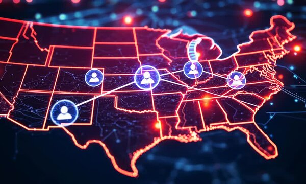 An electronic vote, information exchange and telecommunications in the USA, a digital map, the concept of global networks and connectivity of the USA, and data transfer and cyber technology