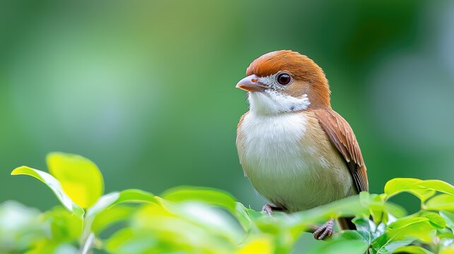 Chestnut-tailed Minla perched on green leaves, jungle background, wildlife photography