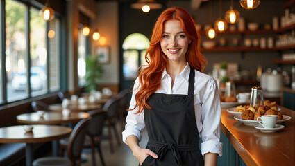 Smiling cafe worker with red hair in cozy coffee shop interior. Restaurant atmosphere.