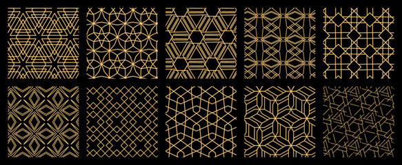 Luxurious Gold Geometric Line Art Collection. Seamless Symmetric Patterns for Elegant Modern and Vintage Designs