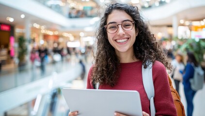 Student with tablet smiles in busy mall