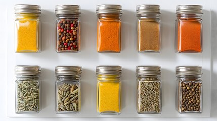 Nine Spice Jars, Overhead View, Colorful Spices, Kitchen Organization, Culinary Ingredients