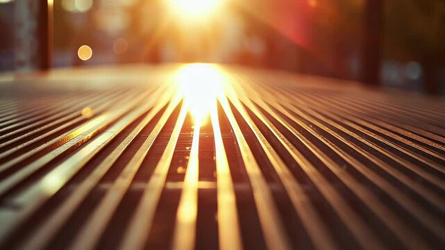 Radiant Golden Sunset Light Gleaming Through Parallel Metal Lines Creating a Warm and Abstract Background with a Blurred Urban Cityscape and a Horizontal Perspective Metallic Structure in Evening