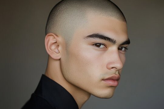 Young asian male with buzz cut and black shirt looking over shoulder