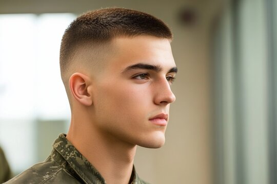 Young caucasian male in military uniform with buzz cut hairstyle
