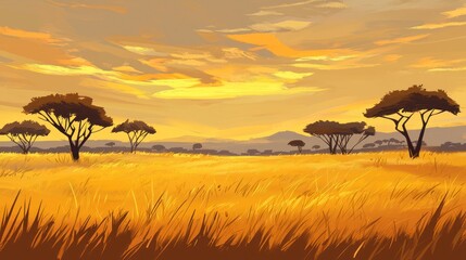 Golden African savanna sunset landscape.