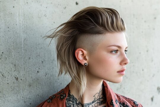Young caucasian female with stylish undercut hairstyle and tattoos
