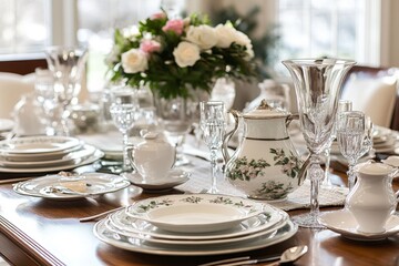 Elegant table setting with floral centerpiece and fine china in dining room