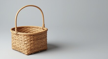 Woven wicker basket with a curved handle presenting a minimalist and serene vibe against a soft gray background