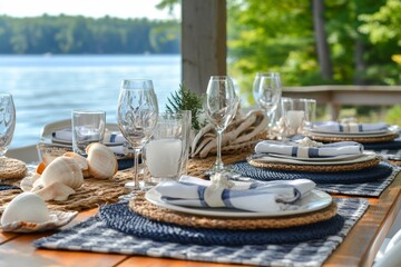 Fototapeta premium Elegant lakefront dining setup with shell decorations and nautical theme