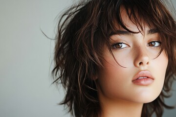 Young caucasian female with tousled hair and freckles close-up portrait