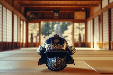 Traditional samurai helmet in japanese dojo with soft natural light