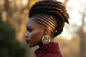 Elegant african female with braided hairstyle and bold earrings in profile view