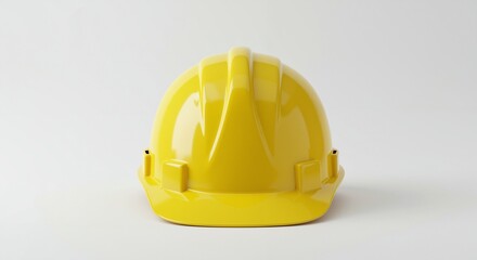 Yellow construction hard hat positioned centrally on a clean white background, creating a minimalistic and professional feel, symbolizing workplace safety and labor standards