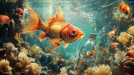 Naklejka premium Plastic Bottle with Fish: Ocean Pollution and Environmental Despair 