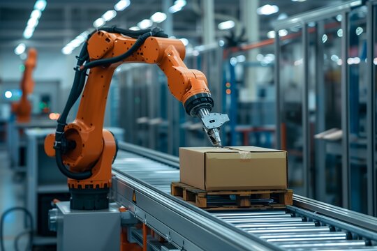 A robotic arm operates on a conveyor belt within a modern factory, handling cardboard boxes for packaging or inventory management. The industrial setting highlights automation, robotics, and advanced