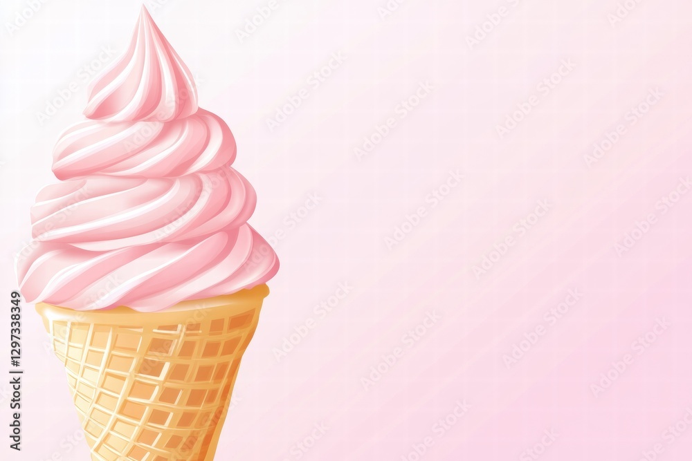 Poster delicious pink swirl ice cream in a waffle cone against a soft pastel background. generative ai