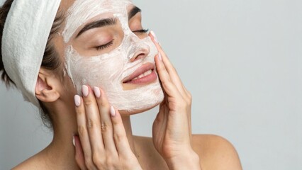Close-Up of a Woman Applying Creamy Facial Mask for Skincare at Home. A woman enjoys applying a facial cream mask for healthy and glowing skin
