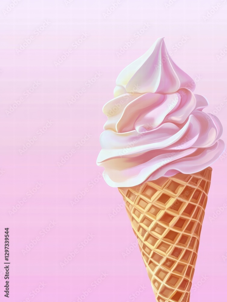 Poster delicious soft serve ice cream cone with pink swirl against a pastel background. generative ai