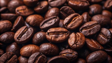 Naklejka premium Macro shot of coffee beans revealing intricate textures and details. Rich brown color of roasted coffee. 