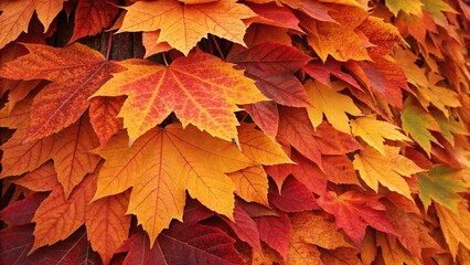 Fototapeta premium Heap of colorful fall leaves in a woodland setting. Autumnal scene with vibrant foliage and natural light. 