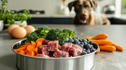 Wholesome Raw Pet Dog Meal Preparation with Fresh Vegetables, Raw Meat and Fruits in Kitchen Table