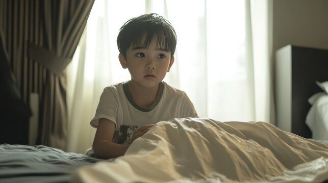 Young boy sitting on edge of his bed with a worried expression, holding a wet bedsheet. emotional aspect of childhood enuresis